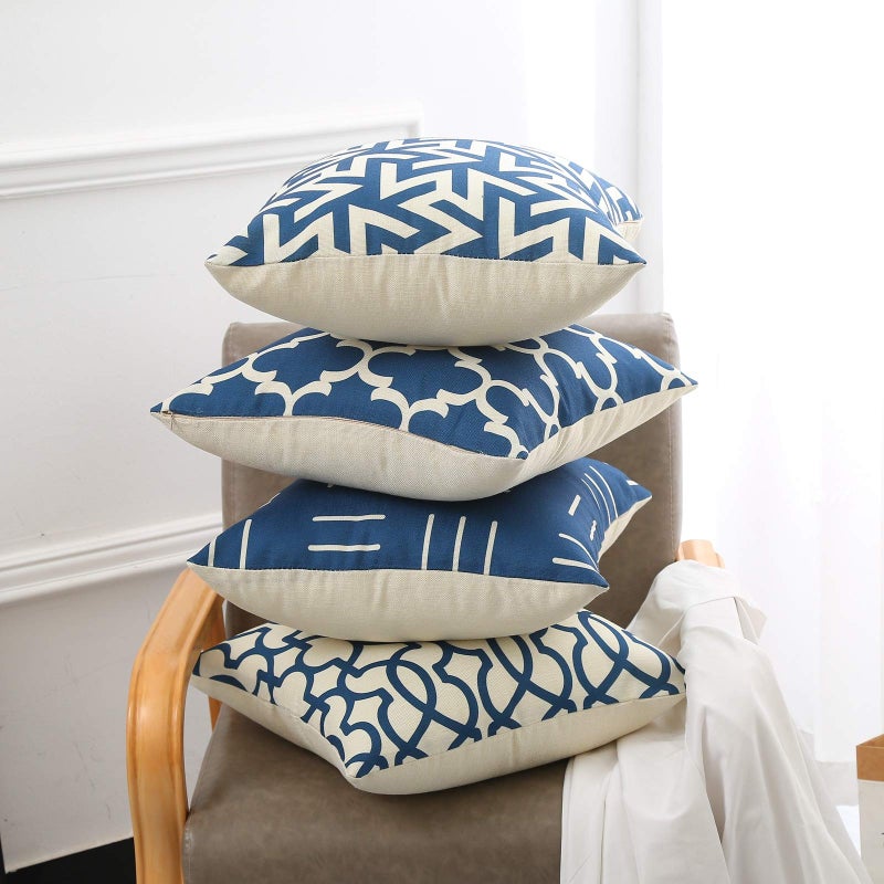 Tosewever Set of 4 Decorative Geometric 18 x 18 Inches Throw Pillow Covers - Modern Pattern Linen Square Pillow Cushion Case for Sofa Couch Bed Home Outdoor Car (18"" x 18""  Blue/Beige) - Image 2